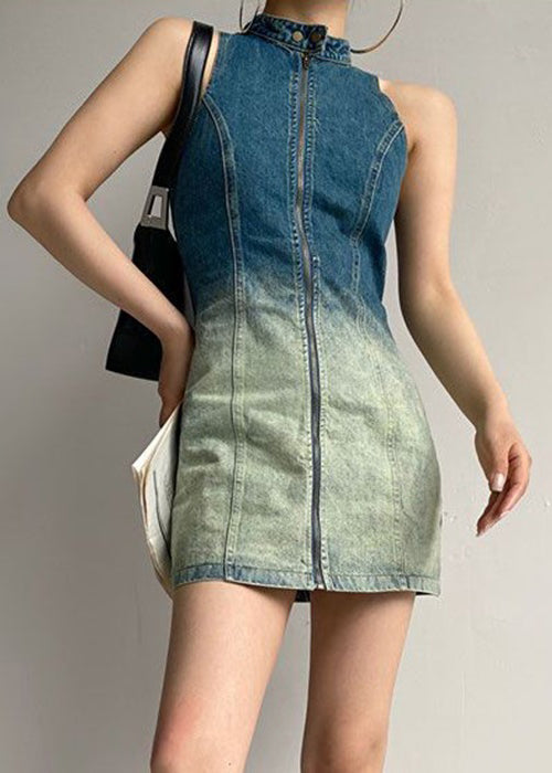 French Gradient Button Color Zip Up Denim Mid Dress Sleeveless XX076 SH-LF-SDM240611