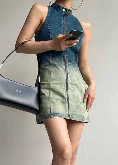 French Gradient Button Color Zip Up Denim Mid Dress Sleeveless XX076 SH-LF-SDM240611