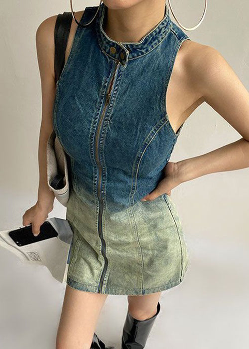 French Gradient Button Color Zip Up Denim Mid Dress Sleeveless XX076 SH-LF-SDM240611