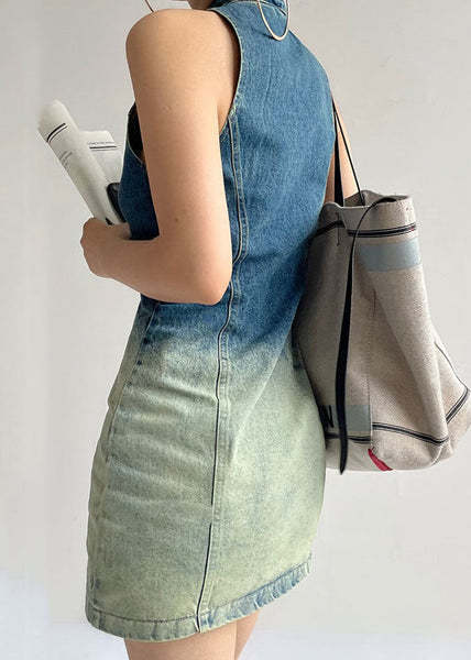French Gradient Button Color Zip Up Denim Mid Dress Sleeveless XX076 SH-LF-SDM240611