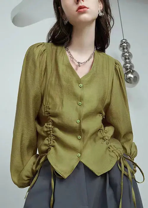 French Grass Green V Neck Lace Up Silk Cotton Shirt Long Sleeve Ada Fashion