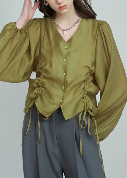 French Grass Green V Neck Lace Up Silk Cotton Shirt Long Sleeve Ada Fashion