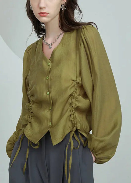 French Grass Green V Neck Lace Up Silk Cotton Shirt Long Sleeve Ada Fashion