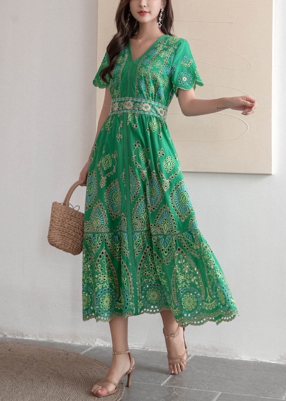 Embroidered Dresses Hollow Long Summer Green Out French Cotton FashionChic