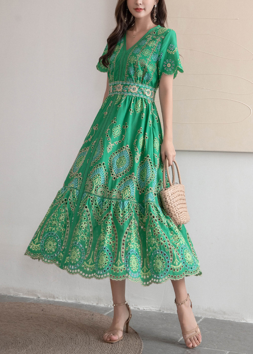 Embroidered Dresses Hollow Long Summer Green Out French Cotton FashionChic