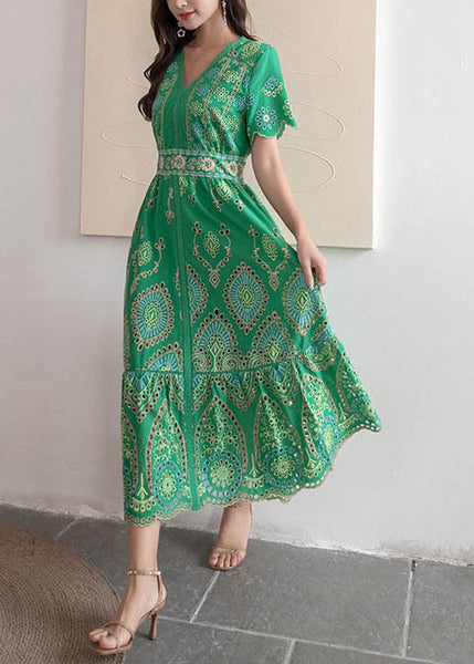 Embroidered Dresses Hollow Long Summer Green Out French Cotton FashionChic