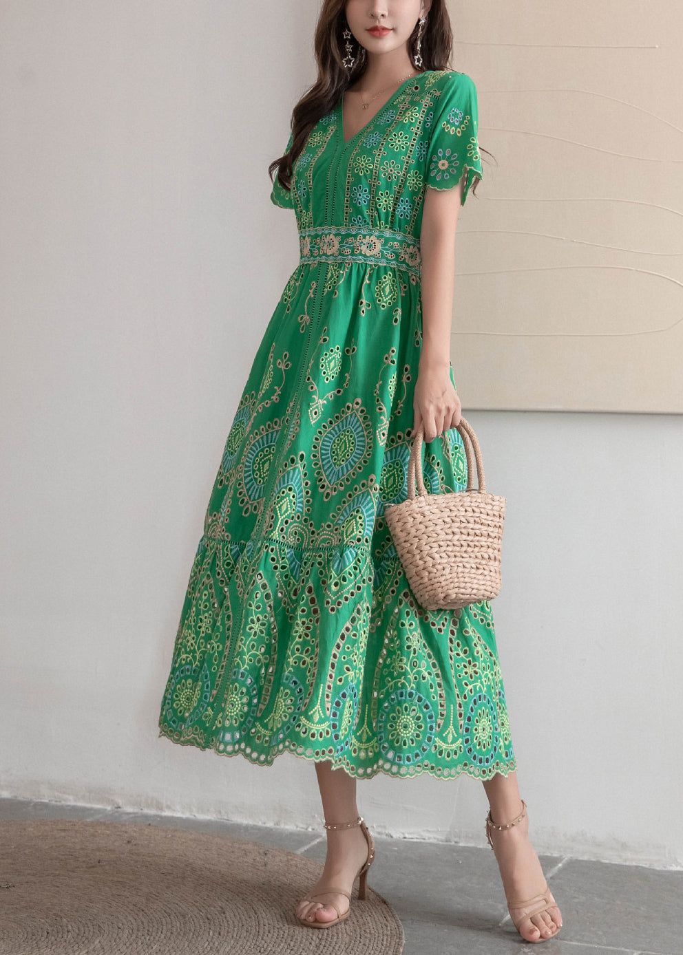 Embroidered Dresses Hollow Long Summer Green Out French Cotton FashionChic