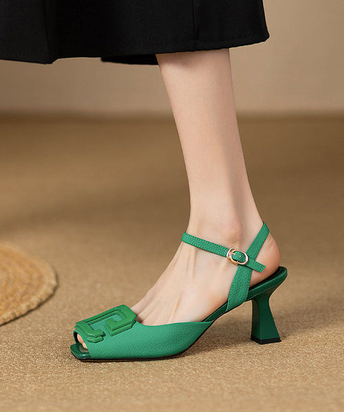 Toe Leather High Green French Square Faux Heels FashionChic