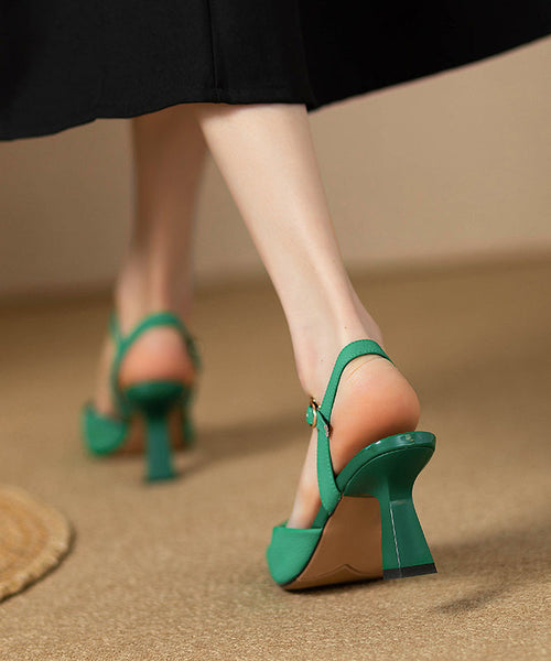 Toe Leather High Green French Square Faux Heels FashionChic