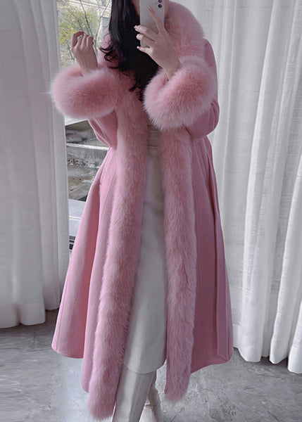 French Green Fox Collar Pockets Patchwork Tie Waist Maxi Woolen Coat Winter RD002 ABC