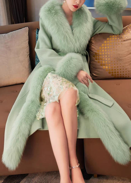 French Green Fox Collar Pockets Patchwork Tie Waist Maxi Woolen Coat Winter RD002 ABC