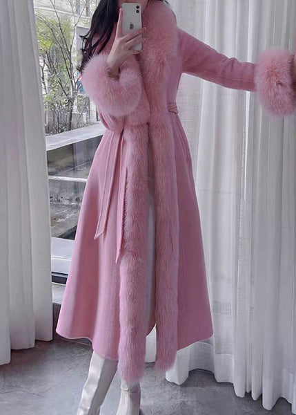 French Green Fox Collar Pockets Patchwork Tie Waist Maxi Woolen Coat Winter RD002 ABC