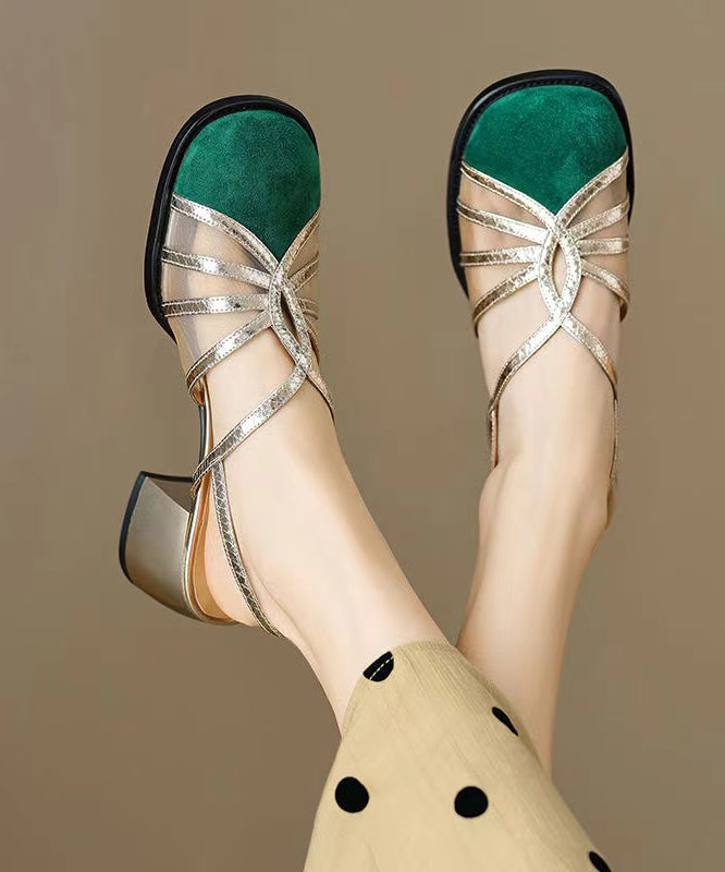French Green Hollow Out Tulle Splicing Chunky Heel Sandals XC1040 Ada Fashion