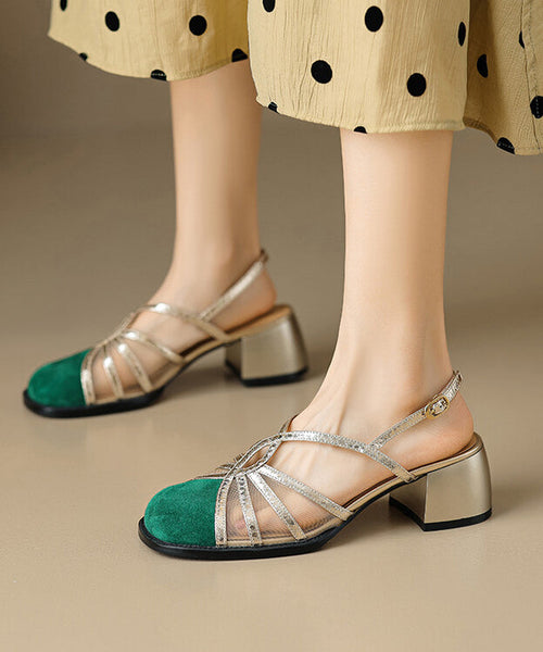 French Green Hollow Out Tulle Splicing Chunky Heel Sandals XC1040 Ada Fashion