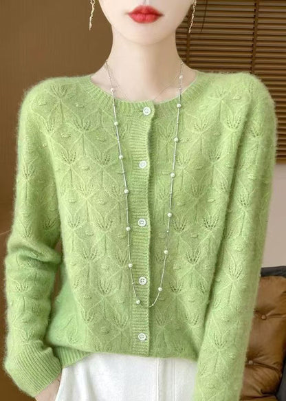 French Green O Neck Button Hollow Out Wool Cardigan Spring TQ007 ABC