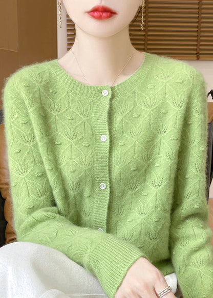 French Green O Neck Button Hollow Out Wool Cardigan Spring TQ007 ABC