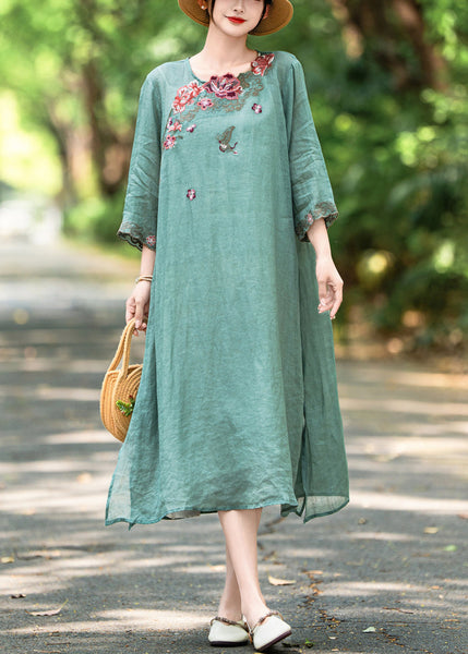 Side Open Linen Embroidered French Green Neck Dress O Bracelet FashionChic