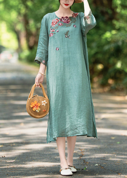 Side Open Linen Embroidered French Green Neck Dress O Bracelet FashionChic