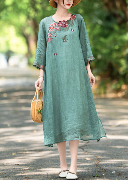 Side Open Linen Embroidered French Green Neck Dress O Bracelet FashionChic