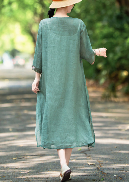 Side Open Linen Embroidered French Green Neck Dress O Bracelet FashionChic