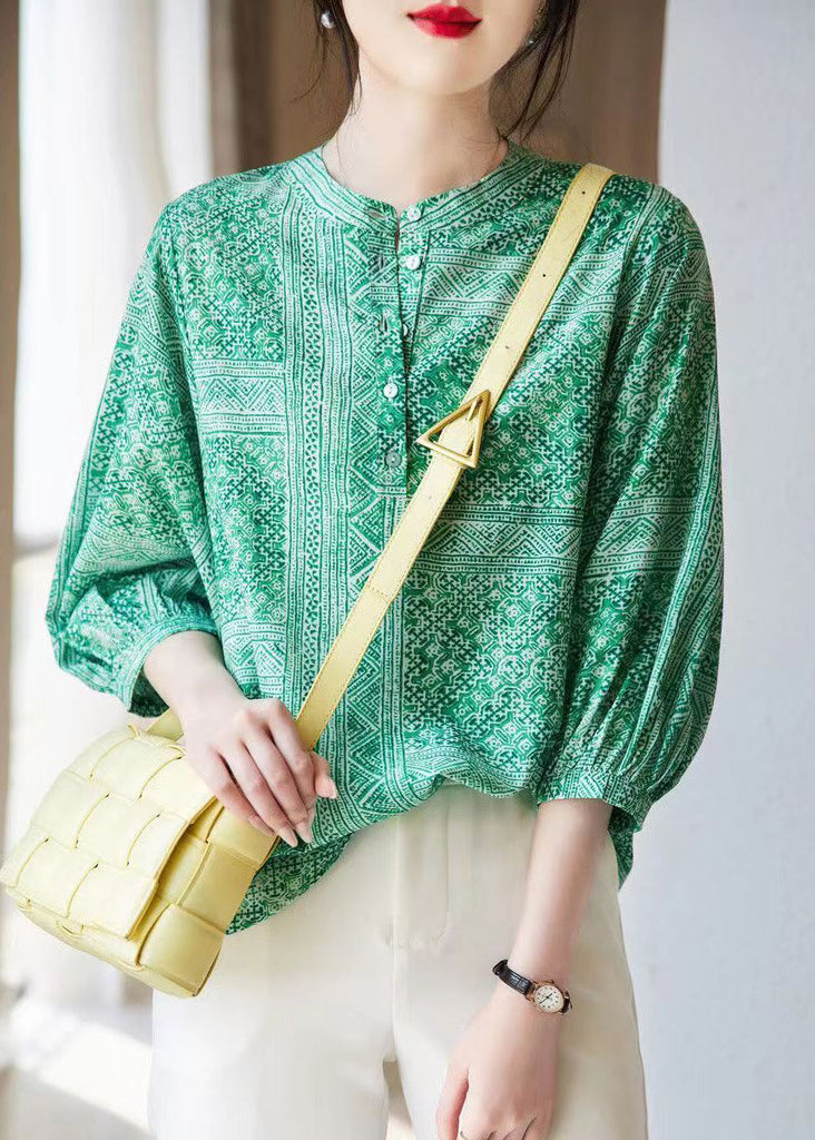 French Green O-Neck Print Chiffon Tops Fall WW021 OL-LTP240812