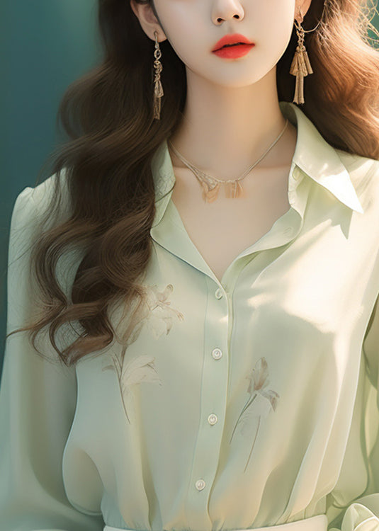 French Green Peter Pan Button Collar Silk Shirt Long Sleeve KJ017 ZS-LTP240715