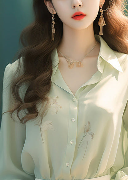 French Green Peter Pan Button Collar Silk Shirt Long Sleeve KJ017 ZS-LTP240715