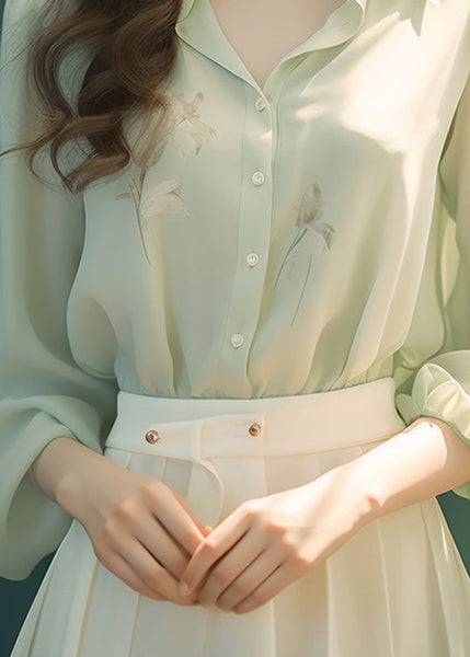 French Green Peter Pan Button Collar Silk Shirt Long Sleeve KJ017 ZS-LTP240715