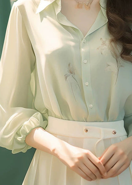 French Green Peter Pan Button Collar Silk Shirt Long Sleeve KJ017 ZS-LTP240715