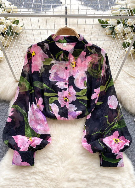 French Green Peter Pan Collar Print Button Chiffon Shirt Long Sleeve TR031 ZS-LTP240730