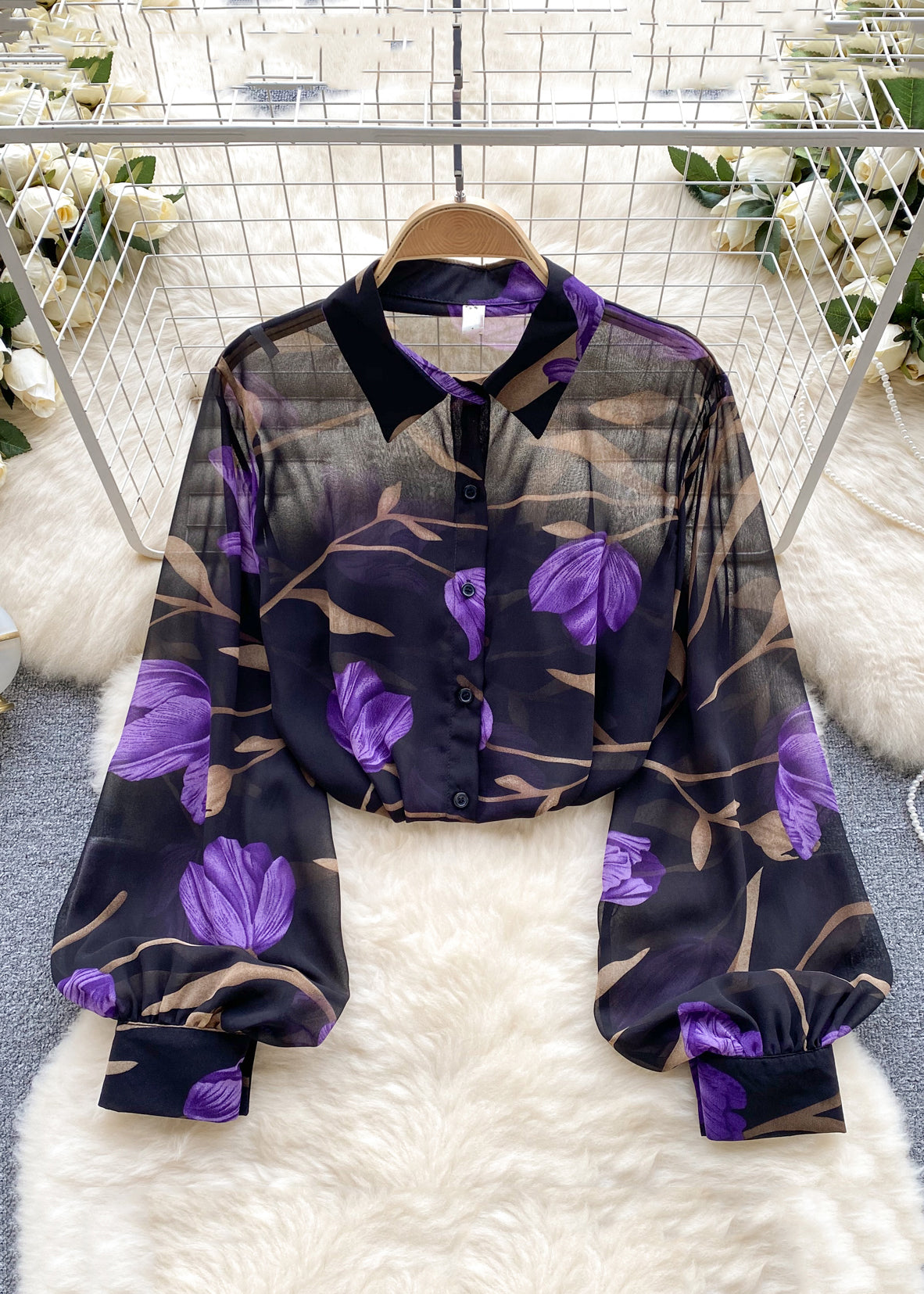 French Green Peter Pan Collar Print Button Chiffon Shirt Long Sleeve TR031 ZS-LTP240730