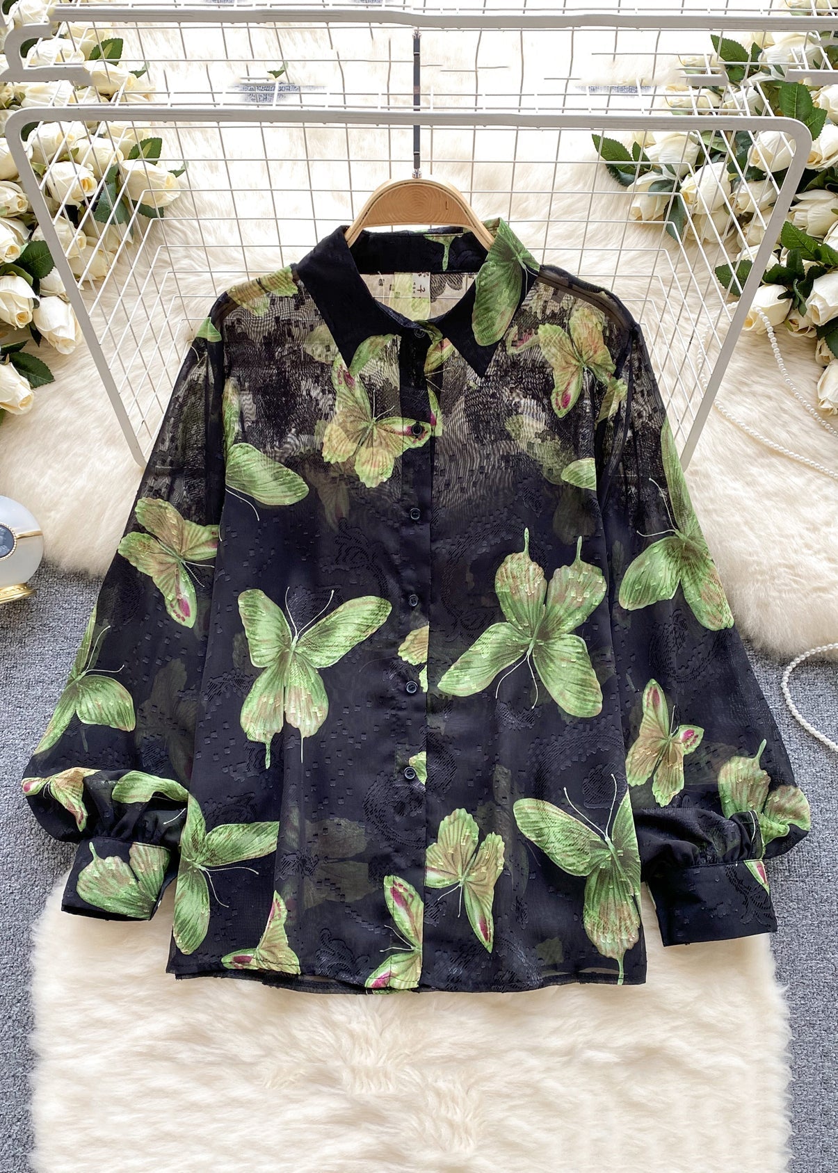 French Green Peter Pan Collar Print Button Chiffon Shirt Long Sleeve TR031 ZS-LTP240730