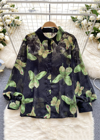 French Green Peter Pan Collar Print Button Chiffon Shirt Long Sleeve TR031 ZS-LTP240730