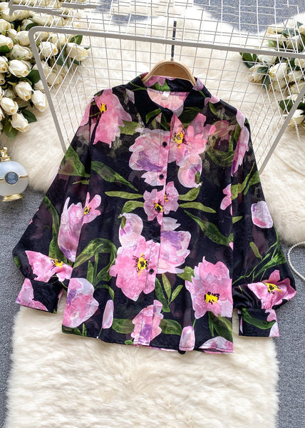 French Green Peter Pan Collar Print Button Chiffon Shirt Long Sleeve TR031 ZS-LTP240730