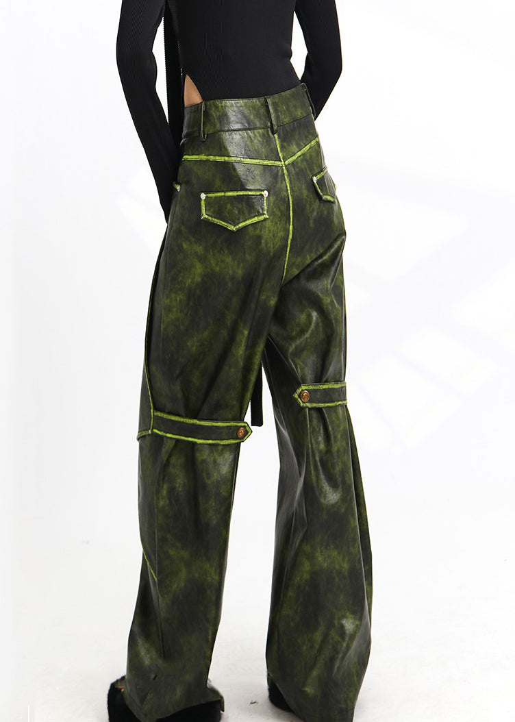 French Green Pockets High Waist Faux Leather Pants Spring AS1011 Ada Fashion