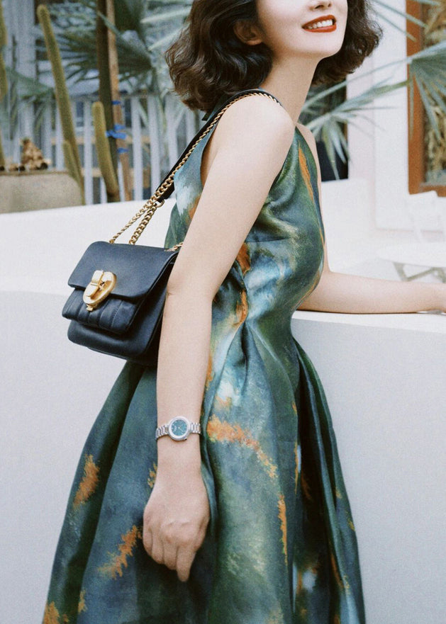 French Green Print High Waist Silk Long Dress Sleeveless KK030 SH-LF-SDL240602