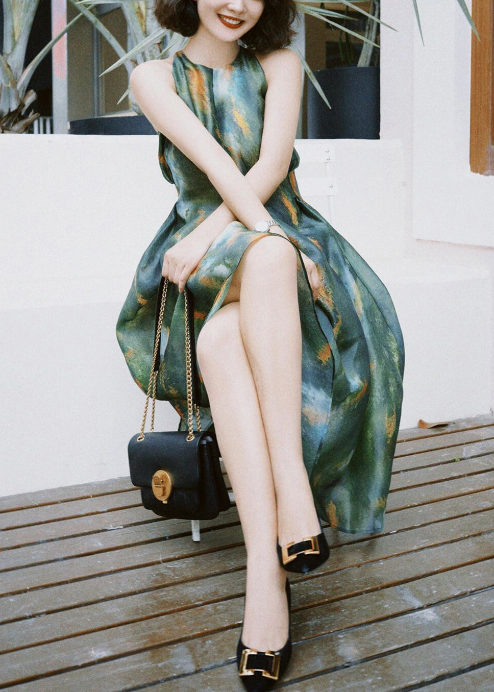 French Green Print High Waist Silk Long Dress Sleeveless KK030 SH-LF-SDL240602