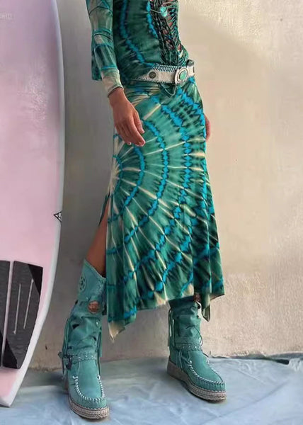 French Green Print Side Open High Waist Cotton Skirts Fall BB042 Hawaii-SKTS240622