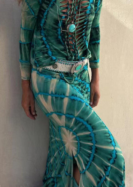 French Green Print Side Open High Waist Cotton Skirts Fall BB042 Hawaii-SKTS240622