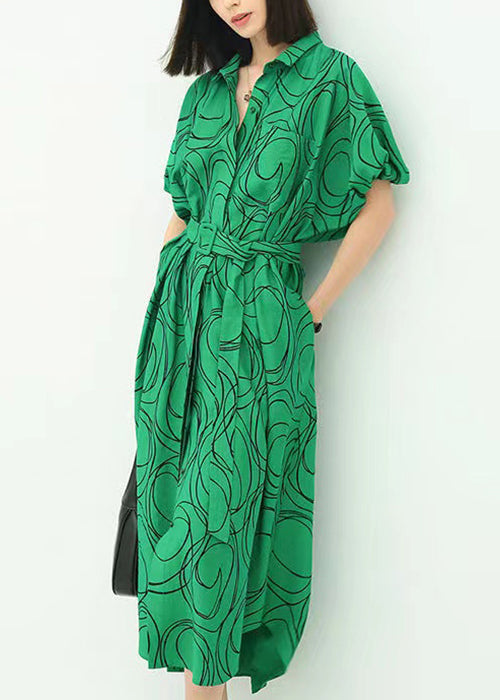 French Green Print Tie Waist Cotton Shirts Dresses Summer AA1041 Ada Fashion
