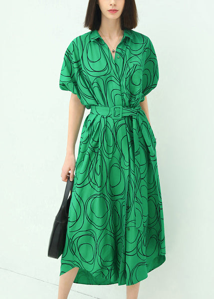 French Green Print Tie Waist Cotton Shirts Dresses Summer AA1041 Ada Fashion