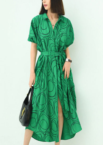 French Green Print Tie Waist Cotton Shirts Dresses Summer AA1041 Ada Fashion