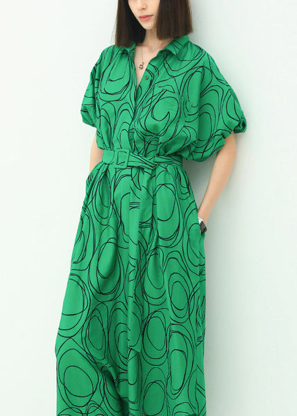 French Green Print Tie Waist Cotton Shirts Dresses Summer AA1041 Ada Fashion