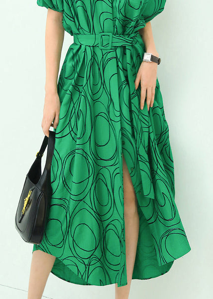 French Green Print Tie Waist Cotton Shirts Dresses Summer AA1041 Ada Fashion