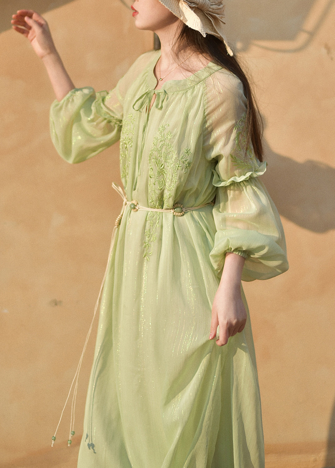 French Green Ruffled Embroidered Chiffon Dress Summer XX037 SH-LF-SDL240611