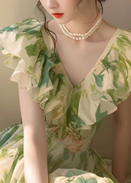 French Green Ruffled Print Chiffon Holiday Dress Summer ZL081 SH-LF-SDL240621