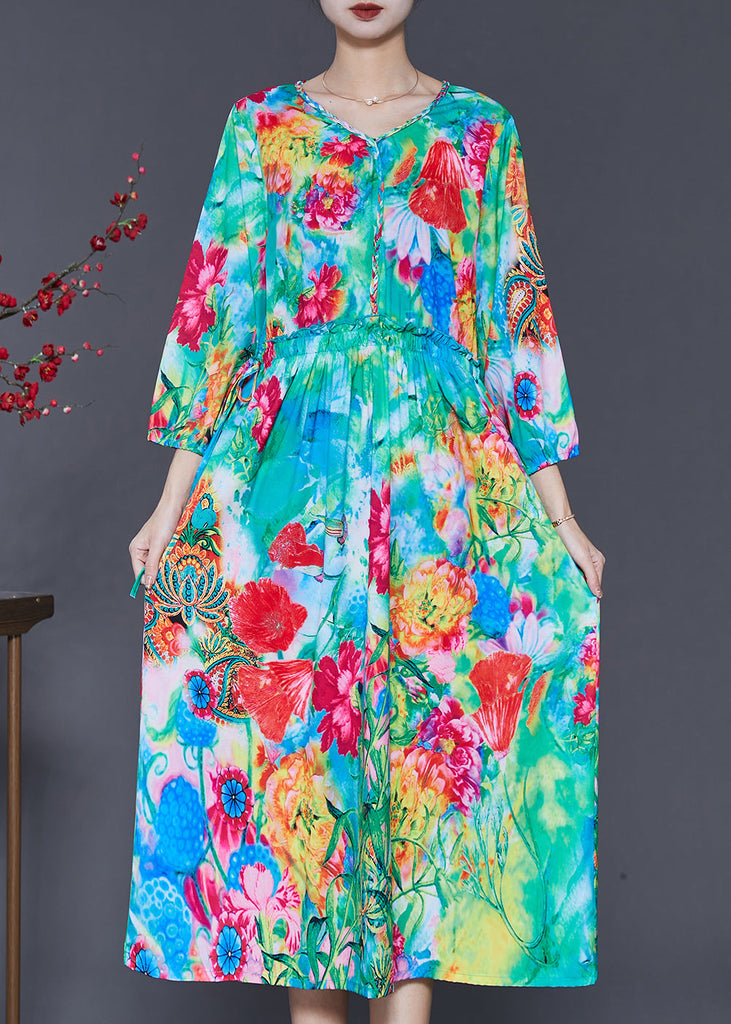 French Green Ruffled Print Exra Large Hem Silk Beach Dress Spring SD1036 Ada Fashion
