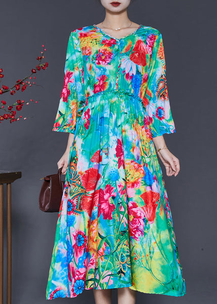 French Green Ruffled Print Exra Large Hem Silk Beach Dress Spring SD1036 Ada Fashion