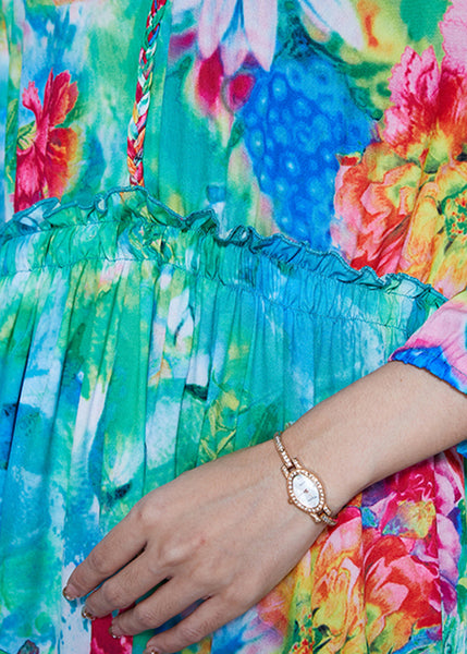 French Green Ruffled Print Exra Large Hem Silk Beach Dress Spring SD1036 Ada Fashion