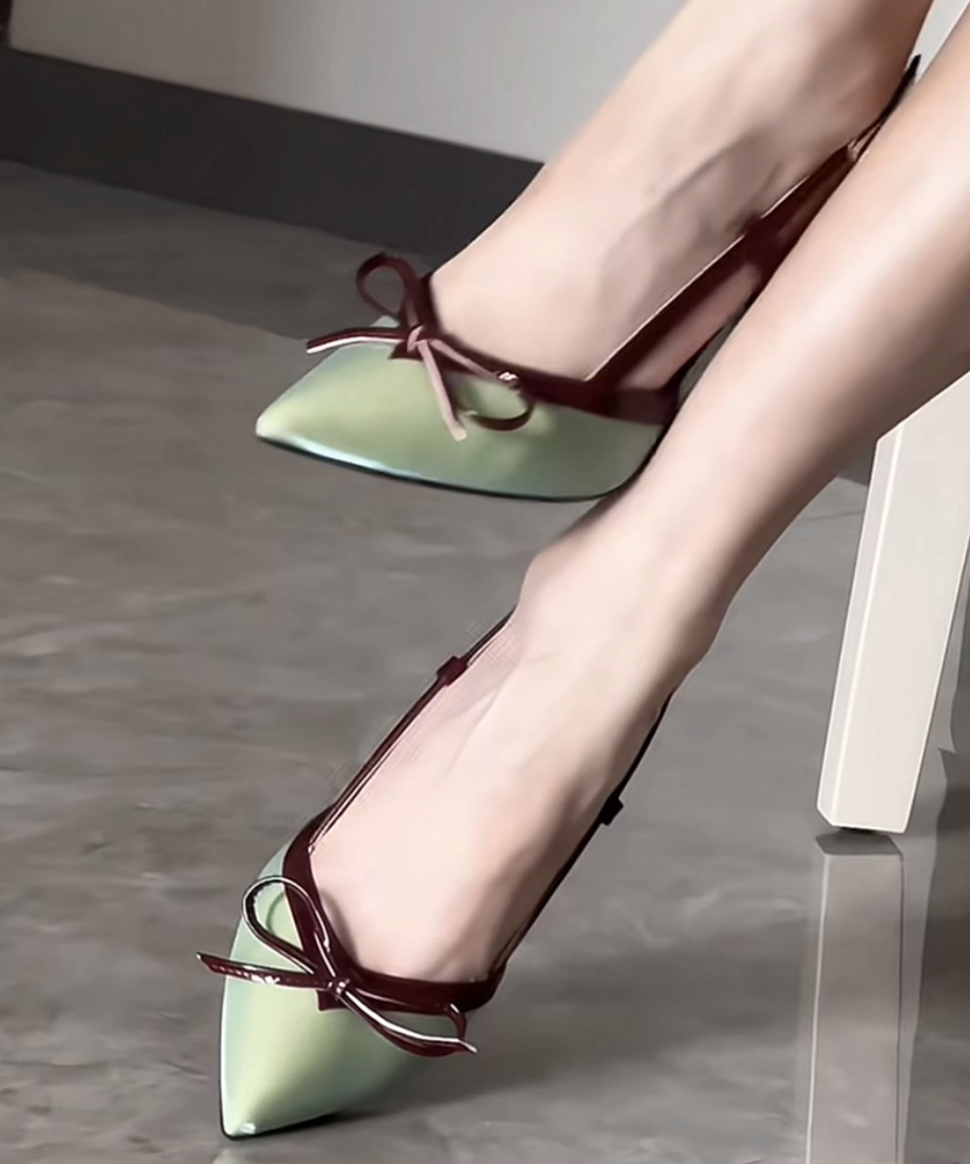 Pointed French Toe Stiletto Splicing Green Bow Sandals FashionChic